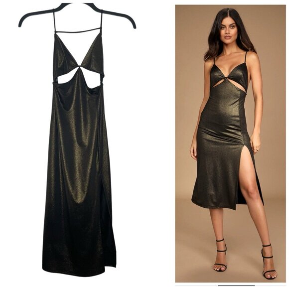 Lulus Dresses & Skirts - Lulus Midi Dress Size XS Metallic Gold Cutout V-Neck Adjustable Straps Slit